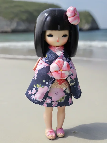 a little MRkokeshiSakura full body doll <lora:MRkokeshiSakura:1> (at the beach:1.4)