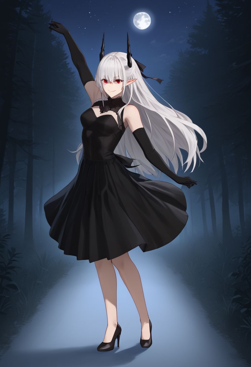 1girl, absurdres, solo, Sarkaz_Dancer, white hair, long hair, horns, pointy ears, red eyes, hair over eyes, eyes visible through hair, asymmetrical skirt, high heels, black dress, black gloves, elbow gloves, bodystocking, see-through cleavage, forest, night sky, moon, dancing, ballet, en pointe, light smile