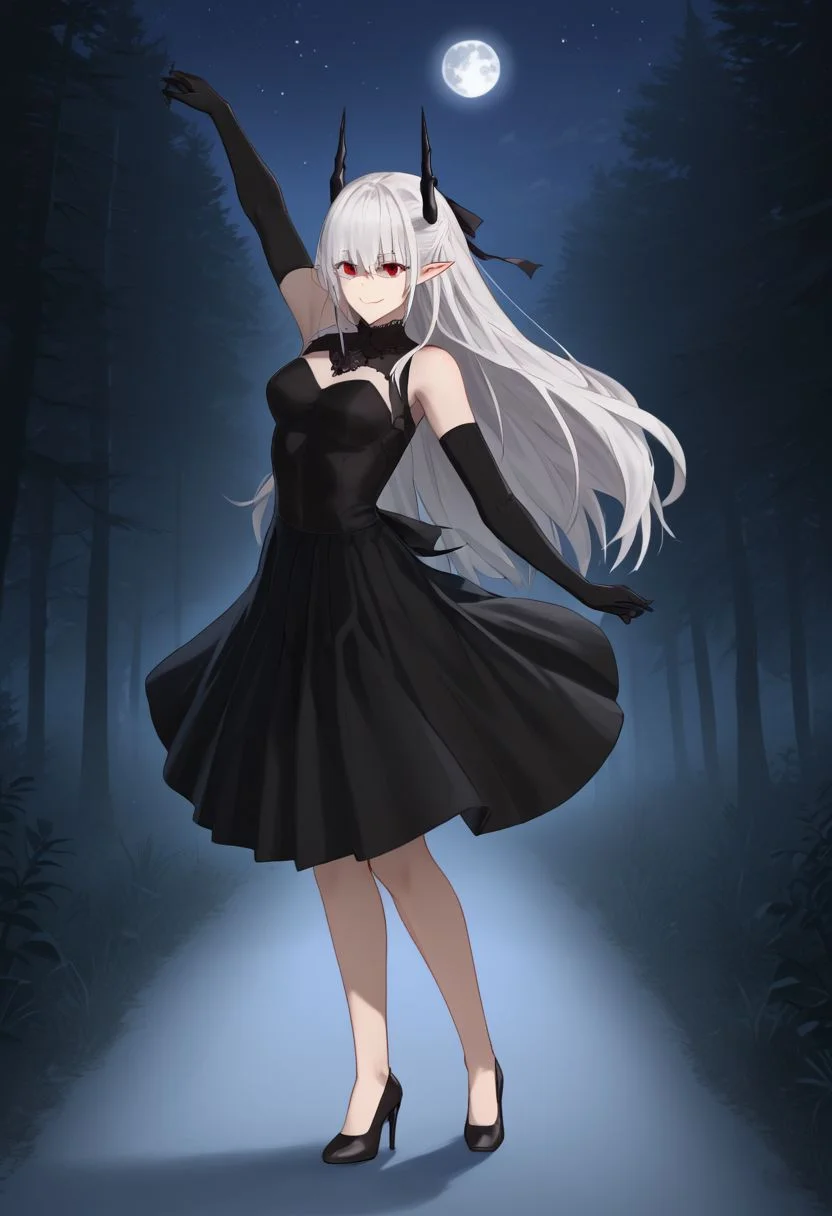 1girl, absurdres, solo, Sarkaz_Dancer, white hair, long hair, horns, pointy ears, red eyes, hair over eyes, eyes visible through hair, asymmetrical skirt, high heels, black dress, black gloves, elbow gloves, bodystocking, see-through cleavage, forest, night sky, moon, dancing, ballet, en pointe, light smile