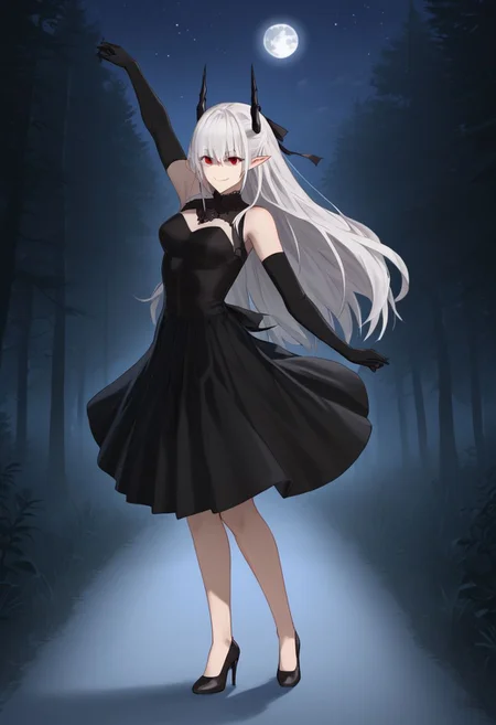 1girl, absurdres, solo, Sarkaz_Dancer, white hair, long hair, horns, pointy ears, red eyes, hair over eyes, eyes visible through hair, asymmetrical skirt, high heels, black dress, black gloves, elbow gloves, bodystocking, see-through cleavage, forest, night sky, moon, dancing, ballet, en pointe, light smile
