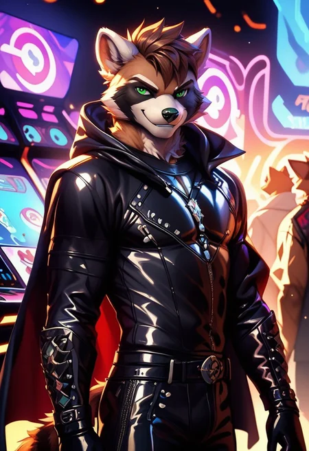 score_9, score_8_up, score_7_up,score_9, score_8_up, score_7_up, ((cowboy shot)), arcade, standing, BREAK, ((High fantasy art style)), solo, male, anthro raccoon, black hooded cloak, (black leather breastplate), black leather greaves, black leather pauldrons, black leather boots, brown hair, ((detailed green eyes)), ((Masterpiece), (absurdres), (shadowy), (mysterious), ((smirk)), fake smile