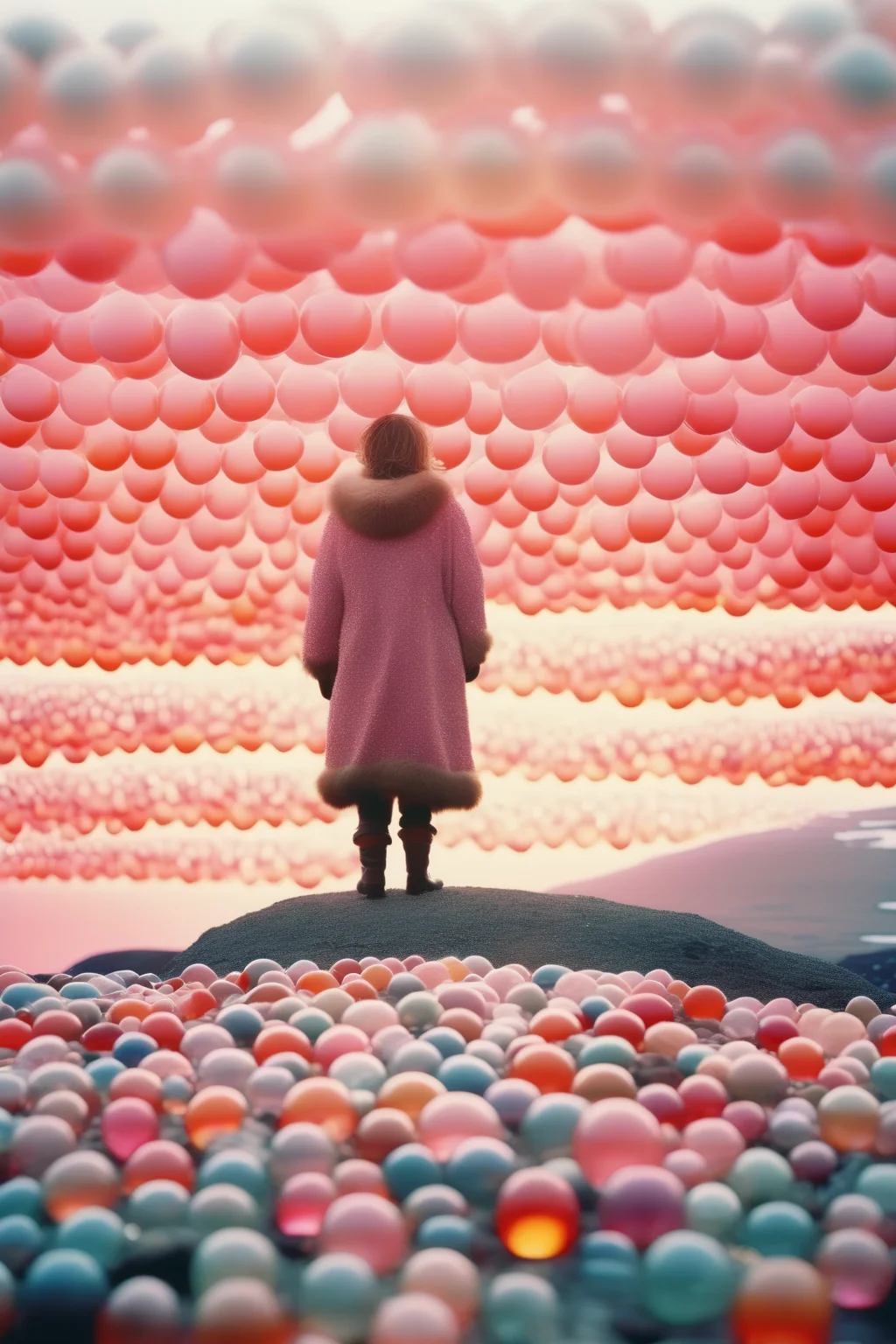 <lora:Elizabeth Gadd Style:1>Elizabeth Gadd Style - Borkie stands precariously on top of a hill made entirely of smooth glass beads, overlooking the vibrant pink and orange sunset in Antarctica. Shot with a 35mm film camera for authentic grainy textures against intense light flares.