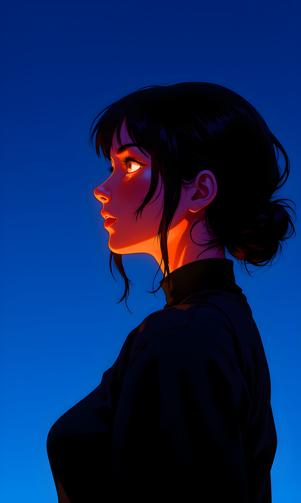 A woman with long, dark hair styled in an updo. She is depicted in profile, facing to the left of the image. Her expression is serene and contemplative, with her eyes looking slightly downwards. The lighting in the image is predominantly blue and orange, creating a striking contrast that highlights her features.
Her facial expression is calm and introspective. She has a slight downward gaze, suggesting she is deep in thought or lost in a moment of reflection. Her lips are closed, adding to the overall sense of tranquility and stillness.
She is positioned in profile, with her head slightly tilted downwards. This pose creates a sense of depth and dimension, drawing the viewer's attention to her face and the intricate details of her features. Her posture is relaxed yet poised, conveying a sense of quiet confidence.
The woman is wearing a dark top, which blends into the shadows and allows the vibrant colors of the lighting to stand out even more. The simplicity of her outfit adds to the overall minimalist and dramatic feel of the image.
The camera is positioned at eye level, capturing the woman from a side perspective. This angle allows for a detailed and intimate view of her face and upper body. The framing is tight, focusing primarily on her and the immediate surroundings.
The lighting in the image is predominantly blue and orange, creating a strong contrast between the illuminated areas and the shadows. The blue light casts a cool, almost ethereal glow over her face, while the orange light highlights the contours of her features, adding warmth and depth. The interplay of light and shadow enhances the overall mood and atmosphere of the image.
The background is a solid, deep blue color, which provides a stark contrast to the vibrant colors of the lighting on the woman's face. The simplicity of the background helps to draw attention to the subject and the intricate details of her features.
The composition is centered and symmetrical, with the woman positioned in the middle of the frame. The lines of her hair and the direction of her gaze guide the viewer's eye through the image, creating a sense of balance and harmony. The overall effect is one of drama and intensity, capturing a moment of quiet reflection in a surreal and atmospheric setting.
BREAK j_art, anime, anime art, <lora:FLUX\RetroAnimeS1.1:0.1>, <lora:FLUX\GLSHS:0.1>, <lora:FLUX\Dieselpunk Delight - s0_9 g4:0.1>, <lora:FLUX\Anime Art V3:0.1>, <lora:FLUX\jul\J_Anime:1.0>