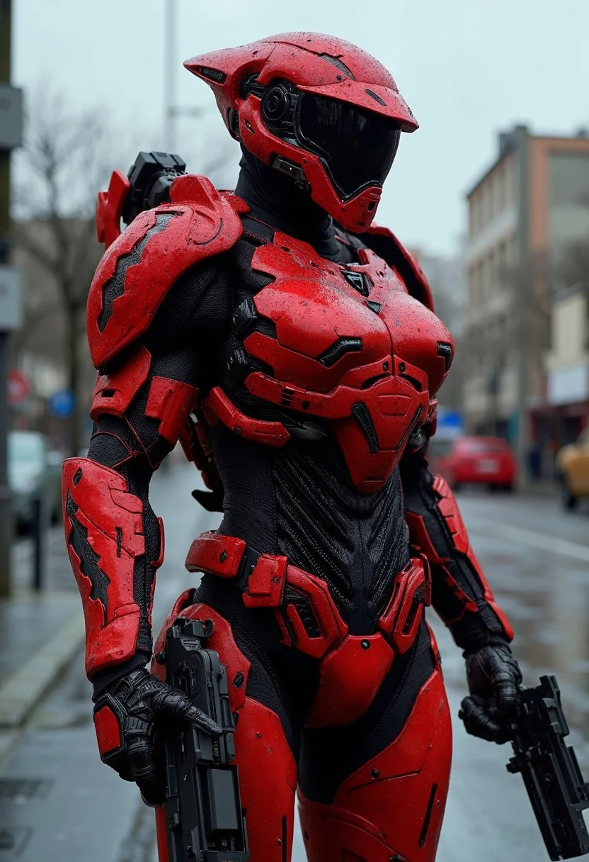 hyperrealistic art Futuristic soldier with advanced armour, weaponry, helmet, neon red, street, overcast, reflection mapping, intricate design and details, dramatic lighting, hyperrealism, photorealistic, cinematic, 8k, unreal engine. extremely high-resolution details, photographic, realism pushed to extreme, fine texture, incredibly lifelike