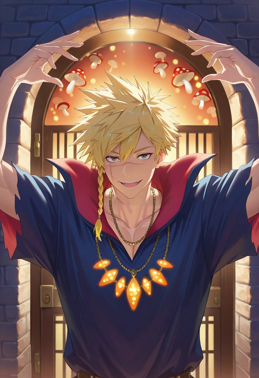 masterpiece, best quality, intricate details, (realistic:0.6), , 1boy, solo, male focus, <lora:choubei_aza_ilxl:0.9>, choubei_aza, blonde hair, brown eyes, long hair, braid, spiked hair, scar, scar on face, necklace, fairy inn, mushroom lights, glittering doorways, magical food, hosting pose, welcoming expression, warm glow, demon costume