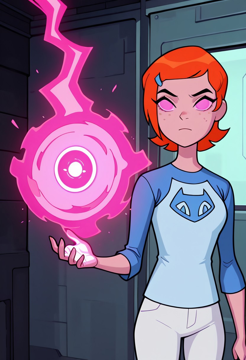 ((screencap, cartoon)) , masterpiece, best quality, amazing quality, very aesthetic, absurdres, newest,
gwenov, orange hair, 1girl,,,  freckles, 
white pants, blue shirt, raglan sleeves, short hair, hairclip
magic powers, pink powers, glowing sclera, pink sclera, no pupils, pink constructs,