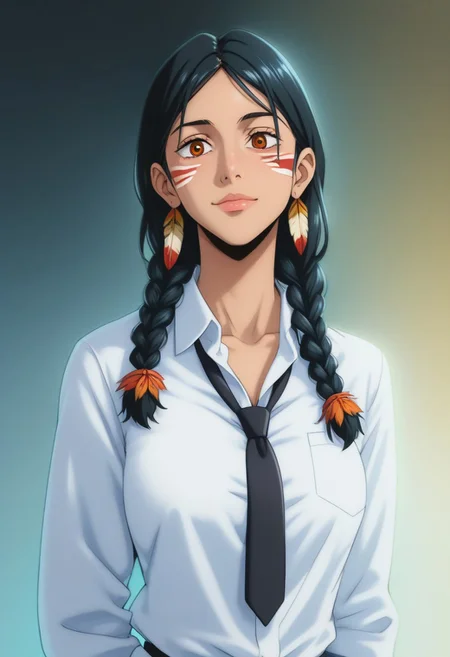 score_9, score_8_up, score_7_up, source_anime, intricate details, anime screencap, perfect balance, official art, extremely detailed CG unity 8k wallpaper, perfect lighting, Colorful, Warm_Front_face_Lighting, (masterpiece:1.0),(best_quality:1.0), ultra high res,4K,ultra-detailed, photography, 8K, HDR, highres, absurdres:1.2, Kodak portra 400, blurry background, bokeh, lens flare, (Anime) (vibrant_color:1.2), professional photograph, night, (cute_face:1.2), 2d, anime, upper body, intricate iris, American, Professional character design, 1girl, female focus, (Orange eyes), perfect eyes, (black-hair), Native American, Indigenous, American Indian, youthful, solo, jujutsu_kaisen_style, character portrait, (perfect-lighting), face, young, (Dark-black-hair), Long hair, (Native American), Indigenous, American Indian, (((wild eyes))), (Native North American), (Upturned eyes), (high cheekbones), (strong jawline), (Black Hair), ((((Native-American-Eagle-feather-braids, Native American Eagle feather accessories)))), (((wild eyes))) ((Bobbed Bangs)) (((Slanted-Eyes))) (Psycho) (Happy) (Friendly) (Goofy) (White Dress Shirt), (Warpaint), (Redwood Forest, Pacific Northwest Forests), (Inuit), (Tan skin), (Dark Skin), (Brown skin), (bobbed hair), White Eagle-Feather-Earrings, Thick Bangs, Bobbed hair, Bob-cut, White-Feather-Earrings, Brown-skin, Inuit Face-paint, Full-Bangs, Wide-Bangs, Thick-Hair, Native Face-paint, cleavage, (White Dress Shirt), Black Suit Tie