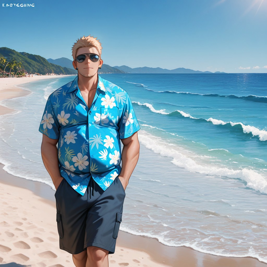 masterpiece, best quality, amazing quality, absurdres, newest, detailed background, definition so sharp, Ultra-HD, 8K cinematic, very awa, impressionate, amazing quality, highres, 
solo, male focus, manly, 
1boy, short hair, goatee, chubby, rikio_blonde, rikio_brown eyes, rikiokamamoto, sunglasses \(on face\), earrings, sideburns, shorts, Hawaiian shirt, beach, sunny, clear sky, blue ocean, relaxed, easygoing, cheerful, vacation, good vibes, walking, hands in pockets, carefree expression,