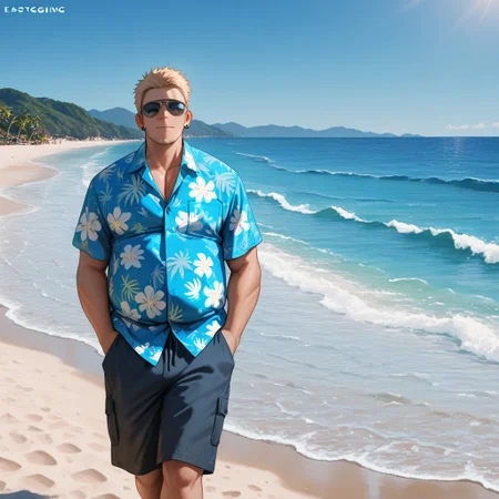 masterpiece, best quality, amazing quality, absurdres, newest, detailed background, definition so sharp, Ultra-HD, 8K cinematic, very awa, impressionate, amazing quality, highres,
solo, male focus, manly,
1boy, short hair, goatee, chubby, rikio_blonde, rikio_brown eyes, rikiokamamoto, sunglasses \(on face\), earrings, sideburns, shorts, Hawaiian shirt, beach, sunny, clear sky, blue ocean, relaxed, easygoing, cheerful, vacation, good vibes, walking, hands in pockets, carefree expression,