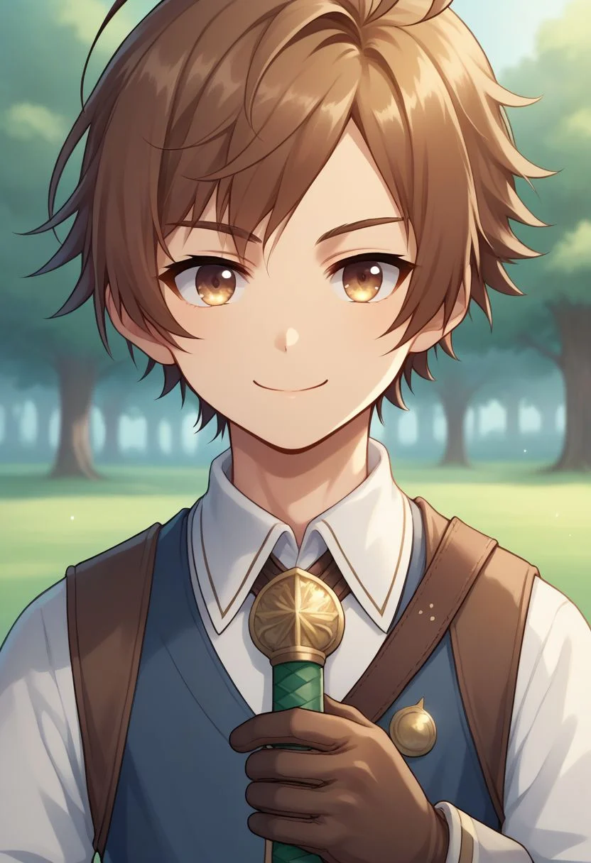sscore_9, score_8_up, source_anime, highly detailed, 1boy, solo, skinny,
yew, 1boy, brown hair, male focus, vest, gloves, ahoge, smile, happy, closed mouth,
swordup, looking at viewer, close-up
outdoor,