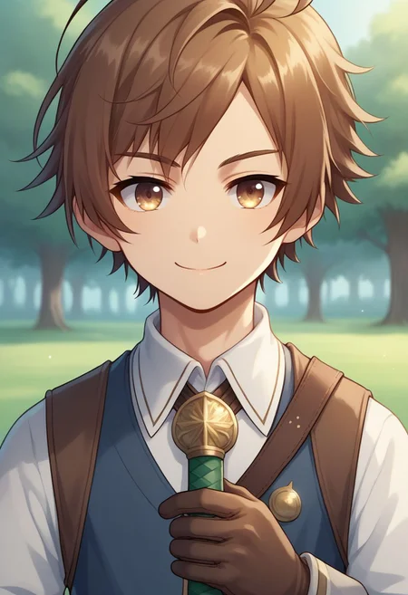 sscore_9, score_8_up, source_anime, highly detailed, 1boy, solo, skinny,
yew, 1boy, brown hair, male focus, vest, gloves, ahoge, smile, happy, closed mouth,
swordup, looking at viewer, close-up
outdoor,