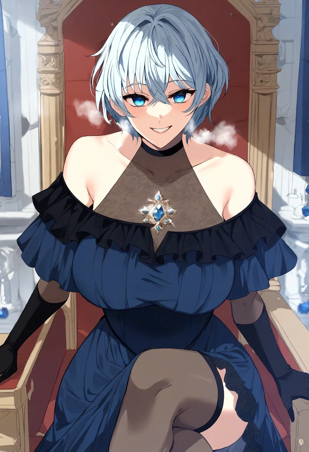 score_9, score_8_up, score_7_up, score_6_up, source_anime, rating_explicit, 1girl, solo, huge breasts, <lora:Levina Belfir Palos prefectPonyxl:1> hair between eyes, blue eyes, short hair, white hair, blue hair, grey hair, covered collarbone, blue gemstone, brooch, off-shoulder dress, long dress, black dress, blue dress, frills dress, lace-trimmed dress, halterneck, black gloves, elbow gloves, smile, grin, Narrow shoulders, heavy breathing, steaming body, castle, indoors, looking at viewer, sitting, on throne, crossed legs