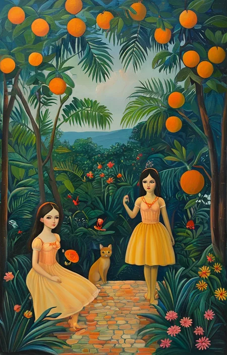 masterpiece,best quality,<lora:tbh128-sdxl:0.9>,idolmaster cinderella girls,oil painting,style of Henri Rousseau,