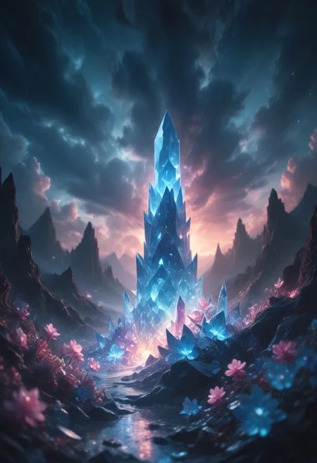 (8k landscape photography:1.2) an massive shiny blue crystal glass tower in an ethereal hell landscape surrounded by glowing flower crystals, a dark cloudy sky