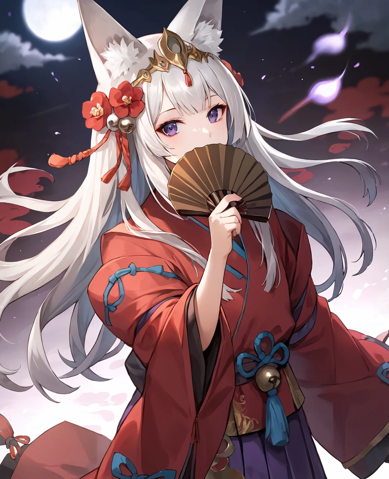 score_9,score_8_up,score_7_up,source_anime,rating_safe BREAK masterpiece,highres,best quality,high quality,dramatic angle,cinematic lighting,1girl,<lora:ShadowverseGinsetsu_Pony_V3:0.86>,white hair,animal ears,gold trim,hair ornament,tassel,red kimono,red dress,purple skirt,purple hakama,clothing cutout,wide sleeves,long sleeves,purple eyes,looking at viewer,fingernails,holding fan,covering mouth,hand fan,smile,night,moon,depth of field,looking at viewer,hair flower,