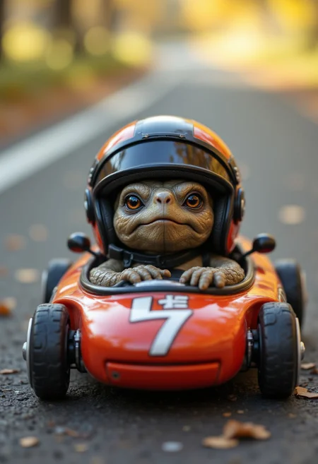 A tiny turtle wearing a helmet, sitting in a miniature racecar,, aidmafluxpro1.1, aidmaMJ6.1