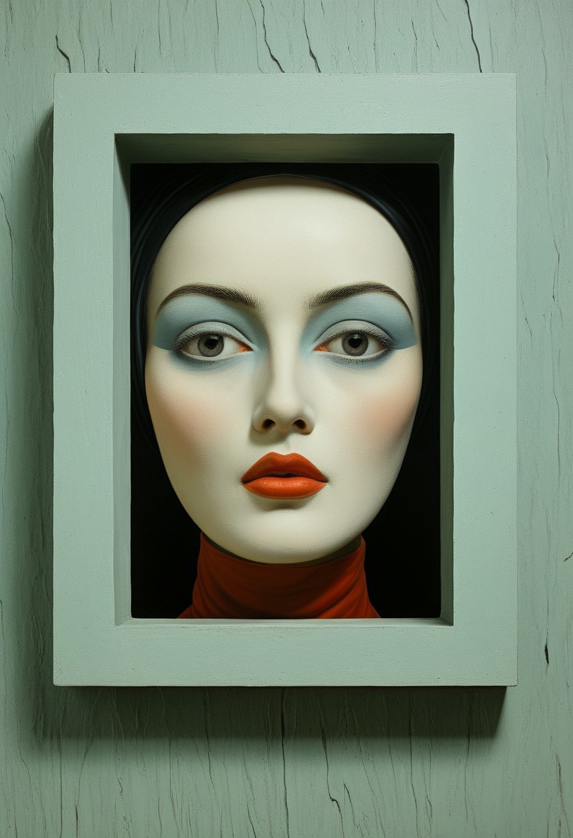 Geometric Frame Face:
A woman’s face emerging through a layered 3D panel of colorful abstract geometric blocks, high-resolution facial detail, chipped paint textures, tactile mixed-media style, architectural surrealism, muted palette with bold accents
Style tags: Surrealist art, Rafal Olbinski, René Magritte, Jean Arp, Frida Kahlo, Jan van Eyck, William Hogarth, Pierre-Auguste Renoir, Xidong Luo, Kazimir Malevich
