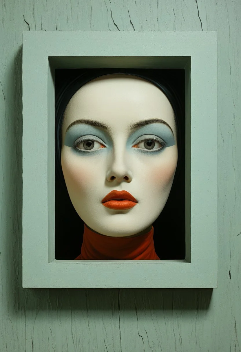 Geometric Frame Face:
A woman’s face emerging through a layered 3D panel of colorful abstract geometric blocks, high-resolution facial detail, chipped paint textures, tactile mixed-media style, architectural surrealism, muted palette with bold accents
Style tags: Surrealist art, Rafal Olbinski, René Magritte, Jean Arp, Frida Kahlo, Jan van Eyck, William Hogarth, Pierre-Auguste Renoir, Xidong Luo, Kazimir Malevich