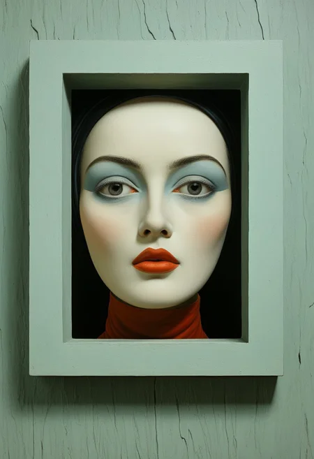 Geometric Frame Face:
A woman’s face emerging through a layered 3D panel of colorful abstract geometric blocks, high-resolution facial detail, chipped paint textures, tactile mixed-media style, architectural surrealism, muted palette with bold accents
Style tags: Surrealist art, Rafal Olbinski, René Magritte, Jean Arp, Frida Kahlo, Jan van Eyck, William Hogarth, Pierre-Auguste Renoir, Xidong Luo, Kazimir Malevich