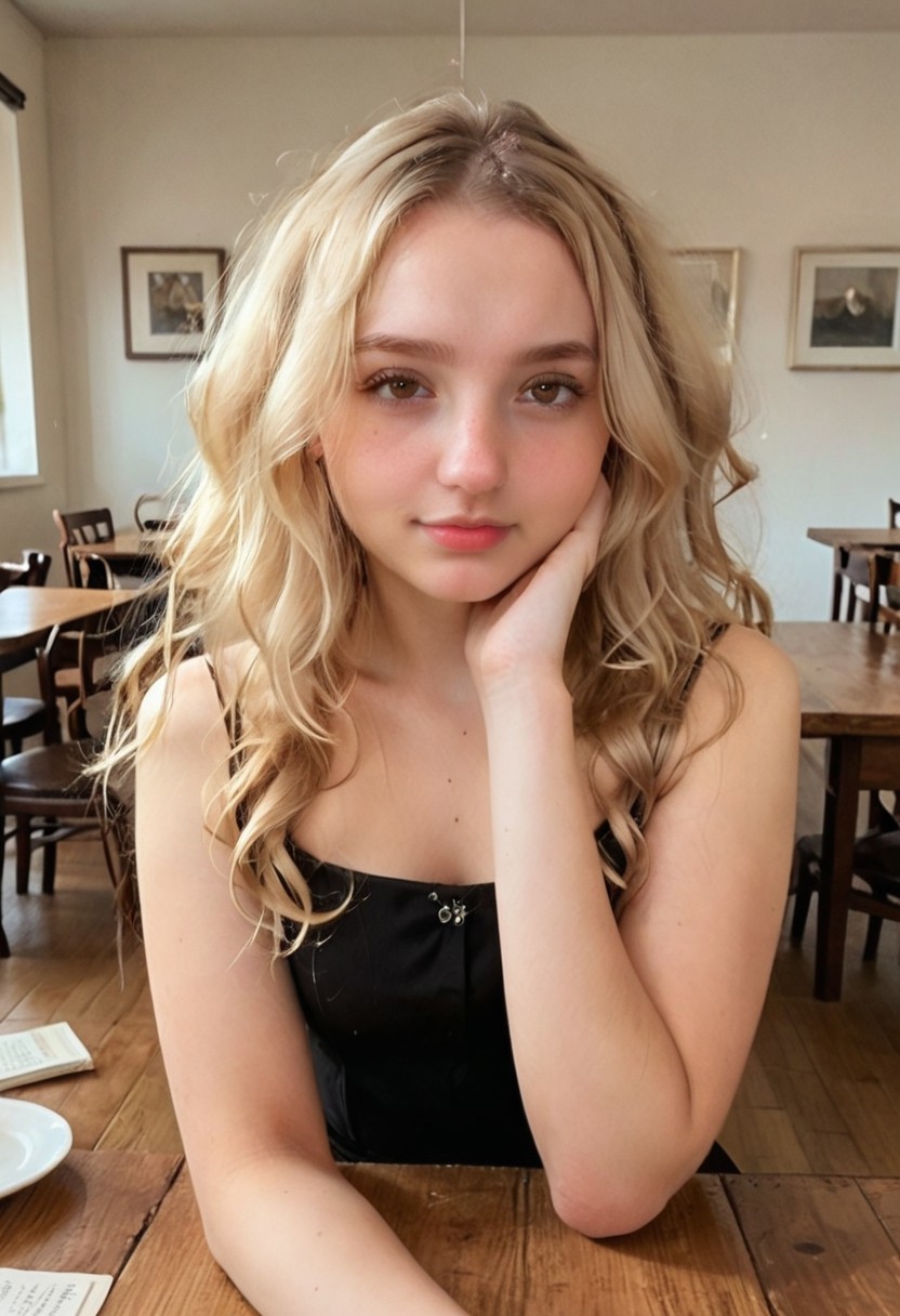 score_9, score_8_up, score_7_up, incredibly cute, looking at viewer, little black dress, date, a woman sitting at a table, MarissaMidwest, curvy, blonde hair, wavy hair, pale skin, brown eyes