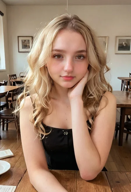 score_9, score_8_up, score_7_up, incredibly cute, looking at viewer, little black dress, date, a woman sitting at a table, MarissaMidwest, curvy, blonde hair, wavy hair, pale skin, brown eyes