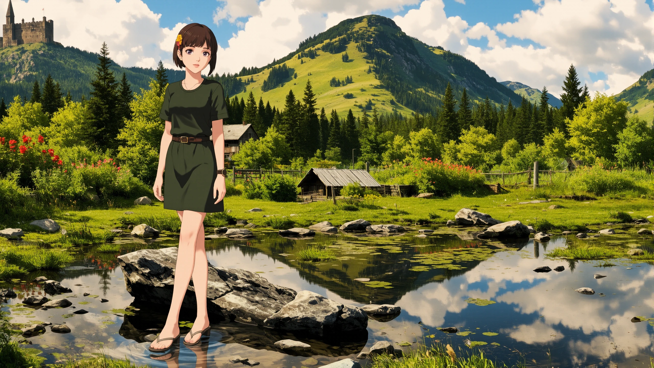 Norwegian buzz cut chocolate hair (young woman), (druid:1.2), anime, illustration, (extremely detailed), (portrait), (standing:1.2), (happy smile), flower in hair, glossy lipstick, celtic necklace, square earrings, loincloth, (sandals),  Irish Green (druid short dress), (legs), heels, (sharp focus),  fantasy, (beautiful celtic landscape:0.9), (small rock:0.9), (moss:0.4), (ripples, reflections:0.8), celtic  castle, (small river small pond:0.5), druid forest, (druid village:1.2), (stunning nature environment:0.8), (enchanted land:0.5), clovers, (Neon Red flowers:0.9), leaves,bright (sunny sky), (sunset:0.3), best quality, colorful, wet floor, raytracing, hdr, high contrast, ethereal natural lights, backlight, (lens flare:0.4), shadows, (vibrant colors, colorful):0.6, pretty, beautiful, happy, smiling, feminine, sexy, lovely, in love, adorable, fashion,  <lora:Hand v2:1> <lora:Anti-Blur:1> <lora:RetroAnimeFluxV1:0.4> <lora:Luminous_Shadowscape:0.4>  <lora:SujatmikoArafuru_Flux:0.2> Suzume style