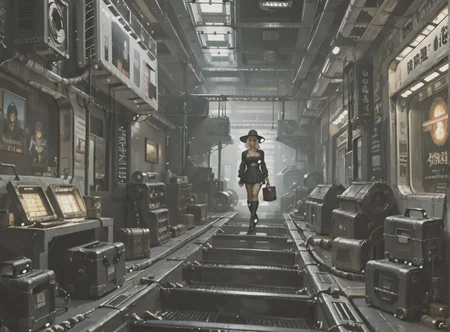 score_9, score_8_up, score_7_up, full body image, environment interaction, walking, woman, pale skin, large breasts, <lora:sm0k3XLP:1>, <lora:goth_clothes:1>, (black sunhat, black stockings, black skirt, black top, zipper boots, Long white hair, young face, <lora:Our_Muted_Future_Style:1>, <lora:0779 science fiction world_v1_pony:1> ruanyi0779, science fiction, neon lights, cable, industrial pipe,