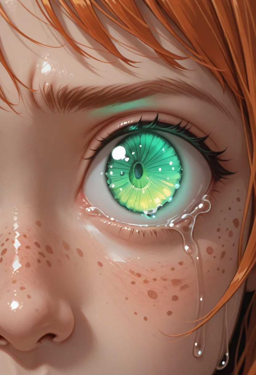 1girl, close-up, tears, glowing, eye focus, freckles, crying, green eyes,,
