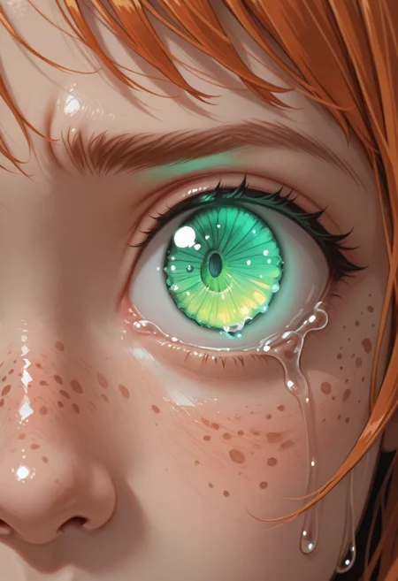 1girl, close-up, tears, glowing, eye focus, freckles, crying, green eyes,,