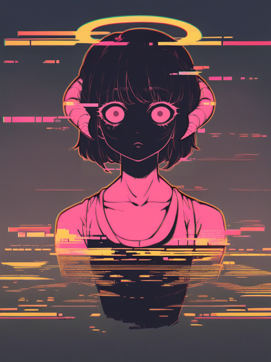 score_9, score_8_up, score_7_up, score_6_up, score_5_up, score_4_up,   <lora:gl1tchXLP:1> gl1tch, 1girl, glitch, portrait, angel, horns, noise,  curvy, pinup, full body,