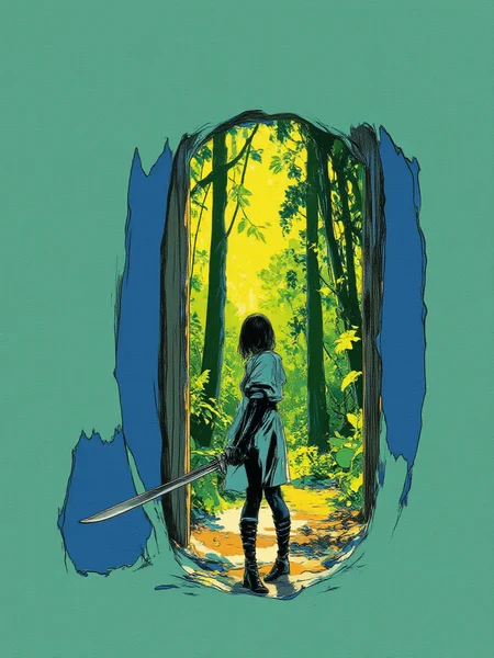 An illustrated image of a woman posing with an ancient sword, while standing in front of a doorway that leads to a glowing otherworldly forest. background is matcha green <lora:Midjourney_Whisper_BrushPulse_v01:0.7>, border is pastel blue <lora:inkedgemono-simple_epoch-08:0.9> 1NK3D63SIM <lora:Midjourney_Whisper_Minimal:0.9>
| no deformed hands, no too many limbs, no too many fingers,