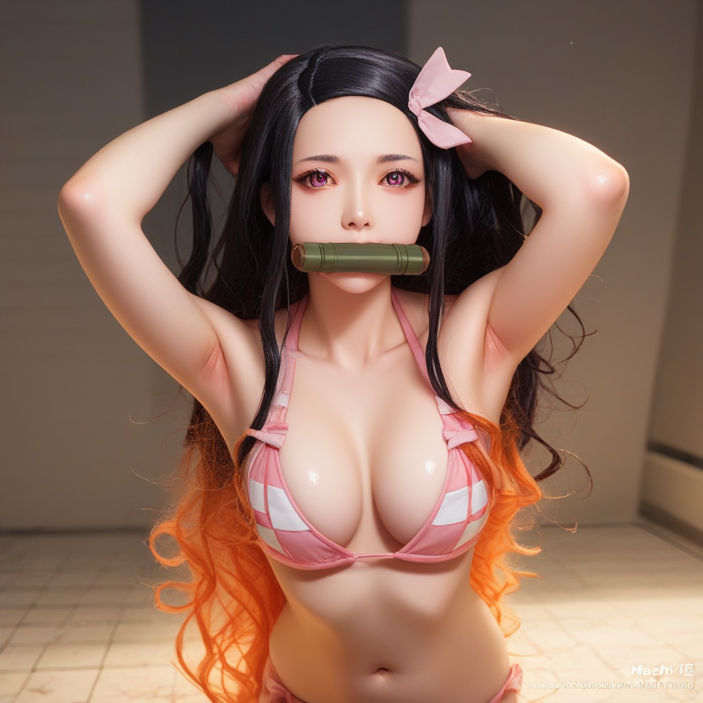 score_9, score_8_up, score_7_up, best quality, masterpiece,( source_anime,:1.4) unaestheticXL_Sky3.1, zPDXL, zPDXL-neg,  BREAK
<lora:Expressive_H:1> (Expressiveh:1.4)
1girl, solo, bit gag, long hair, breasts, gag, black hair, multicolored hair, navel, bamboo, pink ribbon, pink eyes, armpits, checkered clothes, bra, cleavage, arms up, gagged,, ribbon, hair ribbon, realistic, swimsuit, bikini, hands in hair,, very long hair, hc, realistic
 smile, (Dynamic poses, acrobatic pose:1.2)
night, in japanese castle park, moon, ,
 <lora:hachi:1>