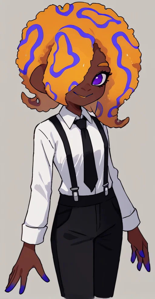score_9, solo, 1girl, dark skin, black pants, pants, purple eyes, hair over one eye, shirt, white shirt, afro, smile, necktie, suspenders, <lora:tao_blu_splatoon:1>