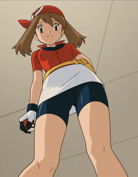 official style,may (pokemon), pokemon (anime), 2000s,brown hair, blue eyes, red bandans, red shirt, short sleeves, gloves, white pouch, white skirt, short skirt, pencil skirt, bike shorts,(standing:1.5),(holding poke ball :1.5),
explicit,(anime screencap), 2d cel anime,anime cap,anime,anime style,anime cel,cell shadedsoft brightness,perfect face,perfect nose, perfect hair, perfect eyes,perfect female body,perfect skin,a face of perfect proportion,perfect lighting,perfect anatomy,perfect proportion,perfect hands,perfect legs,perfect fingers,masterpiece,hair between eyes,
breasts,
perky breasts,best quality,very aesthetic,absurdres,16k,intricate detail,amazing quality,(bold:3.12),thick outline,black outline,harsh lines,soft lines,deluster,boldline,curvy,(anime coloring:1.2), smile,slim,
looking at viewer,
super fine illustration,detailed linework,vibrant colors,kawaii,flat color,outdoors,Stadium,
(from below:2.5),
<lora:ãã±ããã¢ã³ã¹ã¿ã¼ãã«ã«åå ´çã¢ãã¡ä½ç»é¢¨PokemonMayMovie_ANIME_Styleillustrious-000015:1:0.8>