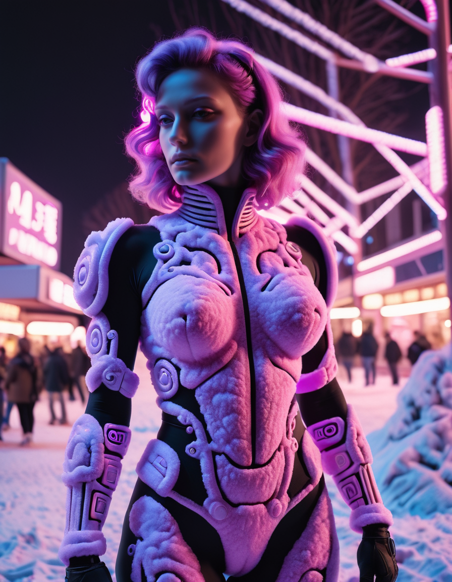 cyberpunk, scifi, 1980s, retro fabric, neon colored ral-springfestival Neon Mauve outline, cyborg, RAW photo, subject, 8k uhd, dslr, soft lighting, high quality, film grain, Fujifilm XT3 <lora:ral-decoznow:1> ral-decoznow