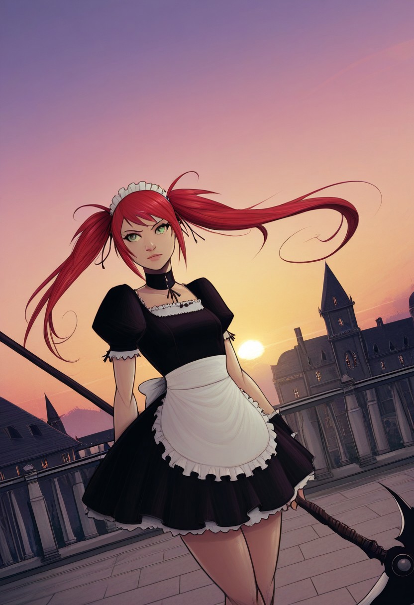 (score_9, score_8_up:1.1), score_7_up, (masterpiece:1.2), (best quality:1.3), ((High quality, HD Illustration, very clear)), amazing quality, very aesthetic, best aesthetic, highres, perfect composition, intricate details, absurdres, 1girl, solo, female focus, long hair, twintails, red hair, green eyes, maid, maid headdress, maid apron, short sleeves, wrist cuffs, weapon, scythe, slim, slim body, standing, dynamic pose, detailed background, cinematic lighting, volumetric lighting, raw, graphic, graphic details, outdoors, traditional media, devilhs, mansion, buildings, bridge, Twilight, fantasy, cowboy shot, dutch angle,