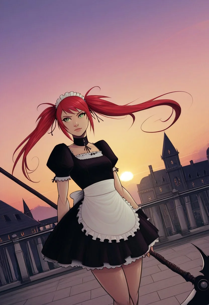 (score_9, score_8_up:1.1), score_7_up, (masterpiece:1.2), (best quality:1.3), ((High quality, HD Illustration, very clear)), amazing quality, very aesthetic, best aesthetic, highres, perfect composition, intricate details, absurdres, 1girl, solo, female focus, long hair, twintails, red hair, green eyes, maid, maid headdress, maid apron, short sleeves, wrist cuffs, weapon, scythe, slim, slim body, standing, dynamic pose, detailed background, cinematic lighting, volumetric lighting, raw, graphic, graphic details, outdoors, traditional media, devilhs, mansion, buildings, bridge, Twilight, fantasy, cowboy shot, dutch angle,