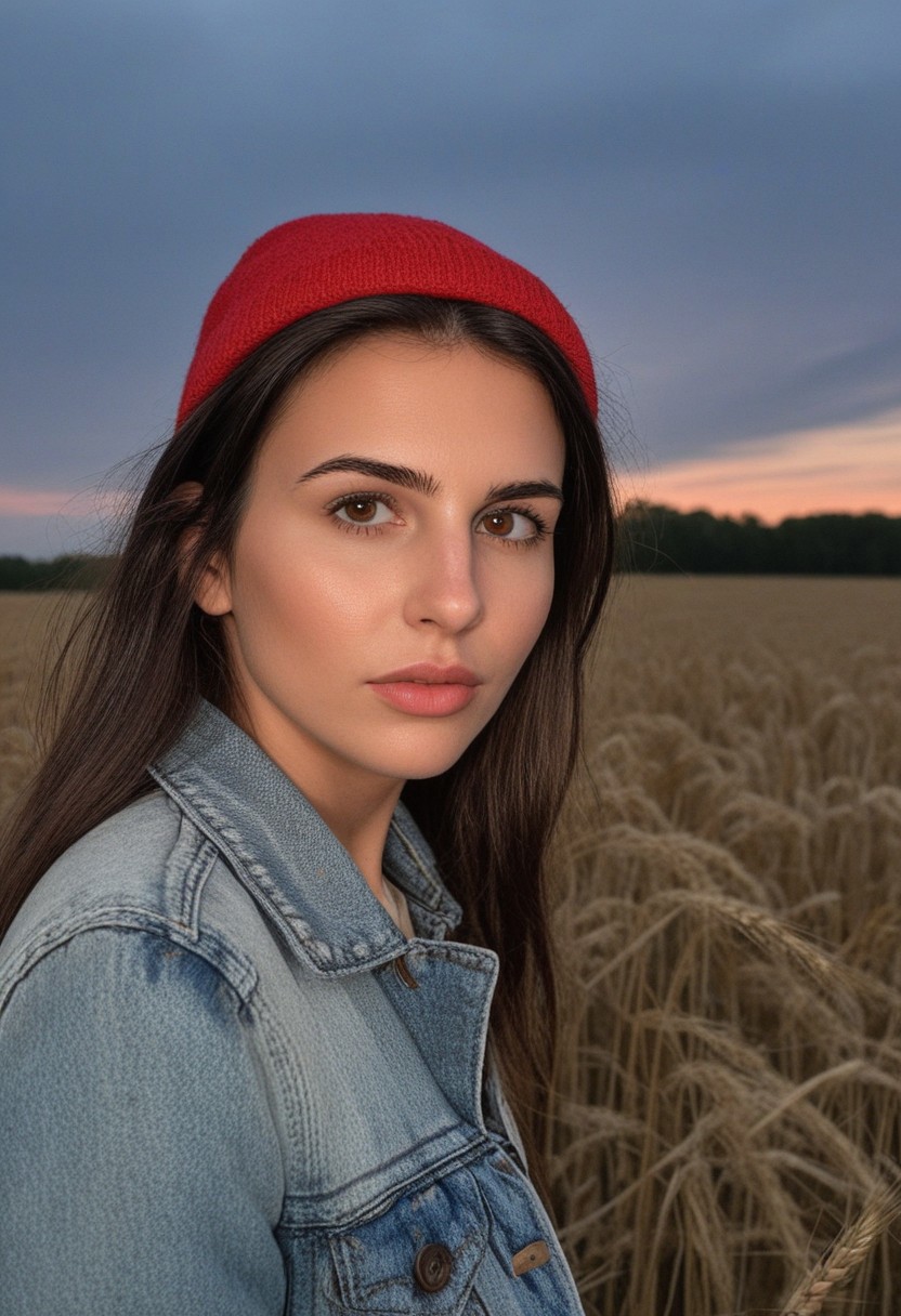 30yo american woman in a wheat field
Small eyes. Brown eyes.
Wearing ripped Denim jacket red hat
no makeup. Clear skin.  realistic skin style
Long dark black slick back hair. No makeup. Dusk, Street light. Looking at camera POV. Slight smile, tilting head.. Tilt head. Hands in head, face, lips.
Medium Close Up shot. Bokeh. Bokeh light.