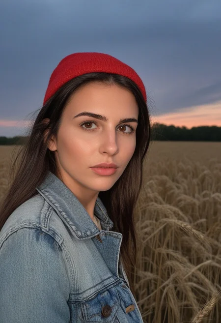 30yo american woman in a wheat field
Small eyes. Brown eyes.
Wearing ripped Denim jacket red hat
no makeup. Clear skin.  realistic skin style
Long dark black slick back hair. No makeup. Dusk, Street light. Looking at camera POV. Slight smile, tilting head.. Tilt head. Hands in head, face, lips.
Medium Close Up shot. Bokeh. Bokeh light.