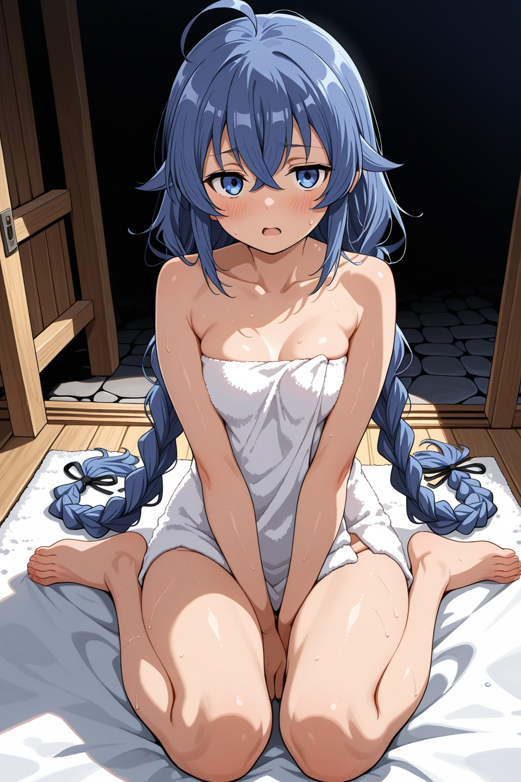 masterpiece, best quality, roxy migurdia, 1girl, arms between legs, barefoot, blue eyes, blue hair, blush, braid, breasts, breasts squeezed together, collarbone, crossed bangs, full body, groin, hair between eyes, long braid, long hair, looking at viewer, naked towel, open mouth, sitting, small breasts, solo, thighs, toes, towel, twin braids, very long hair, wariza