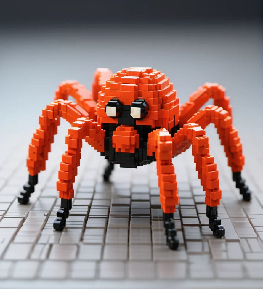 Lego pixel art,toy,3d model,detailed,playful,creativity,fine craftsmanship,childhood,hobby,indoor,studio lighting,<lora:å¾®ååç´ -000009:0.6>,Spiders,