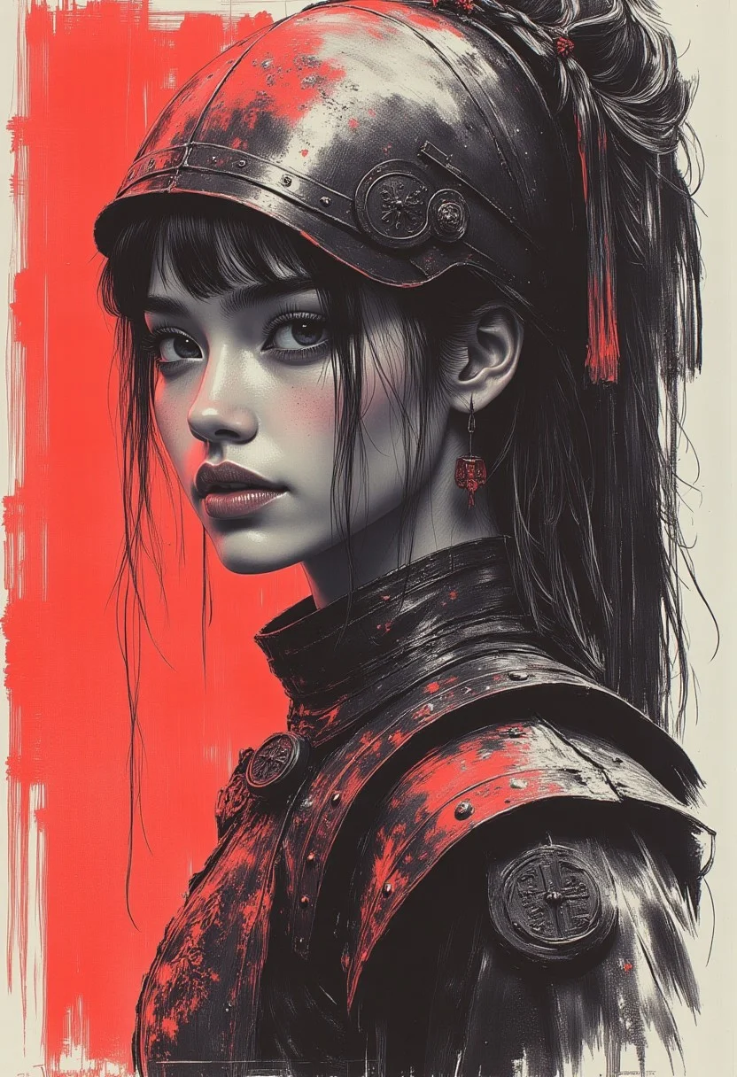 abstract photorealistic ink image in vivid, surreal colour gradient, closeup side portrait of korean woman wearing fantasy leather and bronze plate armour, long bleached hair, bangs