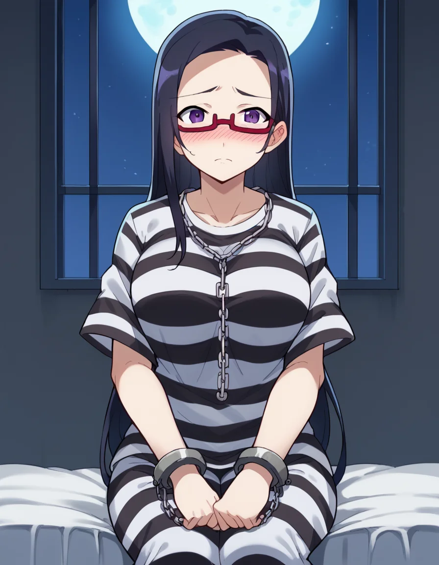 score_9, score_8_up, score_7_up, source_anime, <lora:sakie-satou-s1-ponyxl-lora-nochekaiser:1>, sakie satou, long hair, black hair, purple eyes, glasses, semi-rimless eyewear, red-framed eyewear, under-rim eyewear, large breasts, <lora:prison-clothes-ponyxl-lora-nochekaiser:1> prison clothes, prisoner, prison cell, prison, striped shirt, shackles, handcuffs, chain,, sitting, on bed, looking at viewer, blush, night, moon, moonlight, night sky, window, three quarter view, cowboy shot,
