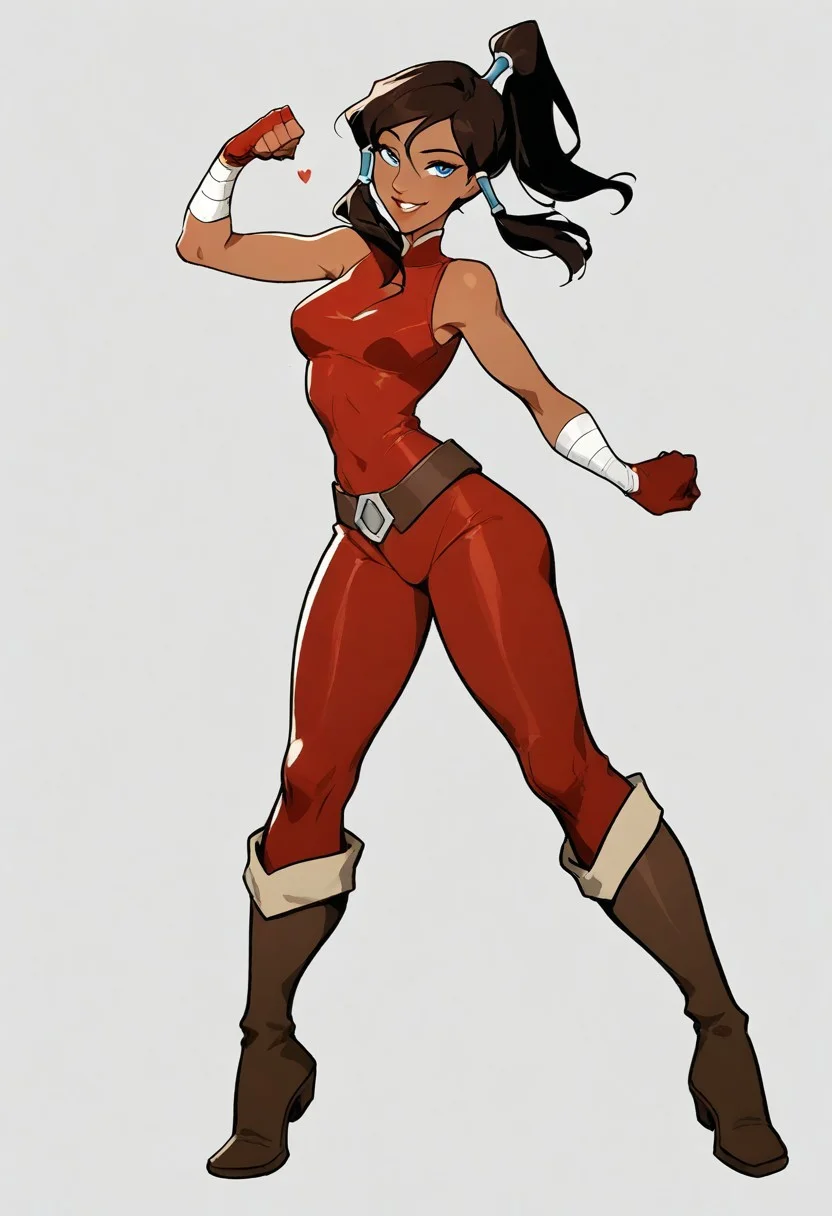 4RCH0N, Jabstyle, Expressiveh, Score_9, score_8_up, score_7_up, score_6_up, dynamic pose, KOrra, ,1 young woman, solo, femenine, blue eyes, brown eyelashes, brown hair, long hair, ponytail, dark skin, dark-skinned female, hair tubes, topknot,, tiny waist, perfect waist to hip ratio, flat stomach, eyesHD, detailed eyes, orgasmic look, smile, female focus, perfect face, perfect anatomy, perfect legs, detailed eyes, high definition eyes, most erotic picture in the world, medium breasts, firm breasts, (intricate detailing:1.6 faces & eyes & ears & nose & lips & skin & curves & shapes & body parts & anatomy),(wearing: bodysuit, red gloves, belt,knee boots), sexy, (seductive-pose:1.4), shikairo days dance, shikairo days dance (meme), dancing, meme, clenched hands, glowsticks, smile, cowboy shot, blank background, seductive, innocent, sharp, rating_explicit