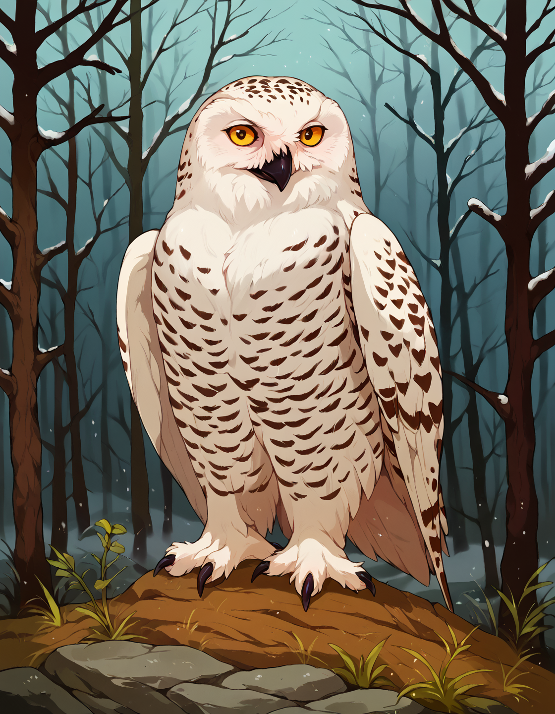 solo, (zPDXL3), source_cartoon, BREAK snow, trees, pose, dutch angle, BREAK <lora:Snowy_Owls:0.85>, sn0wy 0wl, anthro snowy owl, white feathers, big yellow eyes, BREAK huge round pupils, white body,, realistic, subsurface scattering, cast shadow, BREAK score_9, score_8_up, score_7_up, score_6_up, score_5_up, <lora:t3ngXLP:0.75>, t3ng, detailed background