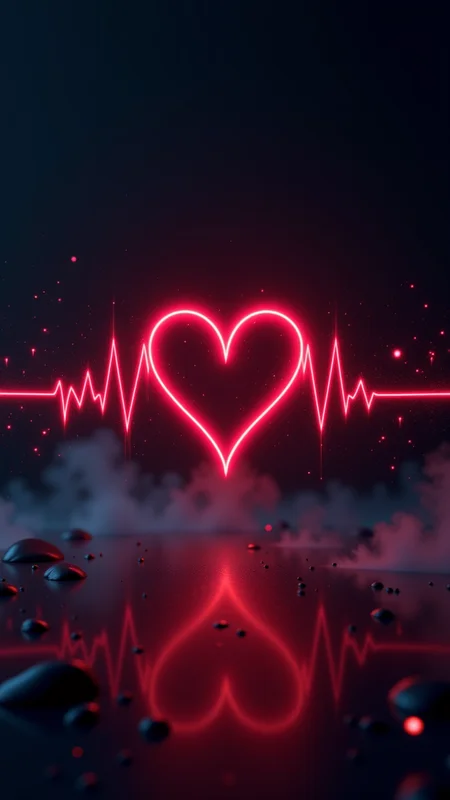 Jeddtlv3, A glowing red heartbeat line (EKG) pulses across a dark, futuristic background, forming the shape of a heart at its peak. The line emits a soft neon glow, reflecting off a sleek, glass-like surface. Faint digital data streams and floating particles surround the scene, adding a high-tech, cybernetic feel. The background is a deep black-to-blue gradient, creating a dramatic contrast that enhances the heartbeat's energy. A subtle mist swirls at the bottom, giving the image a mysterious, almost ethereal atmosphere, <lora:Flux_Detailer_v3-000007:1> ,