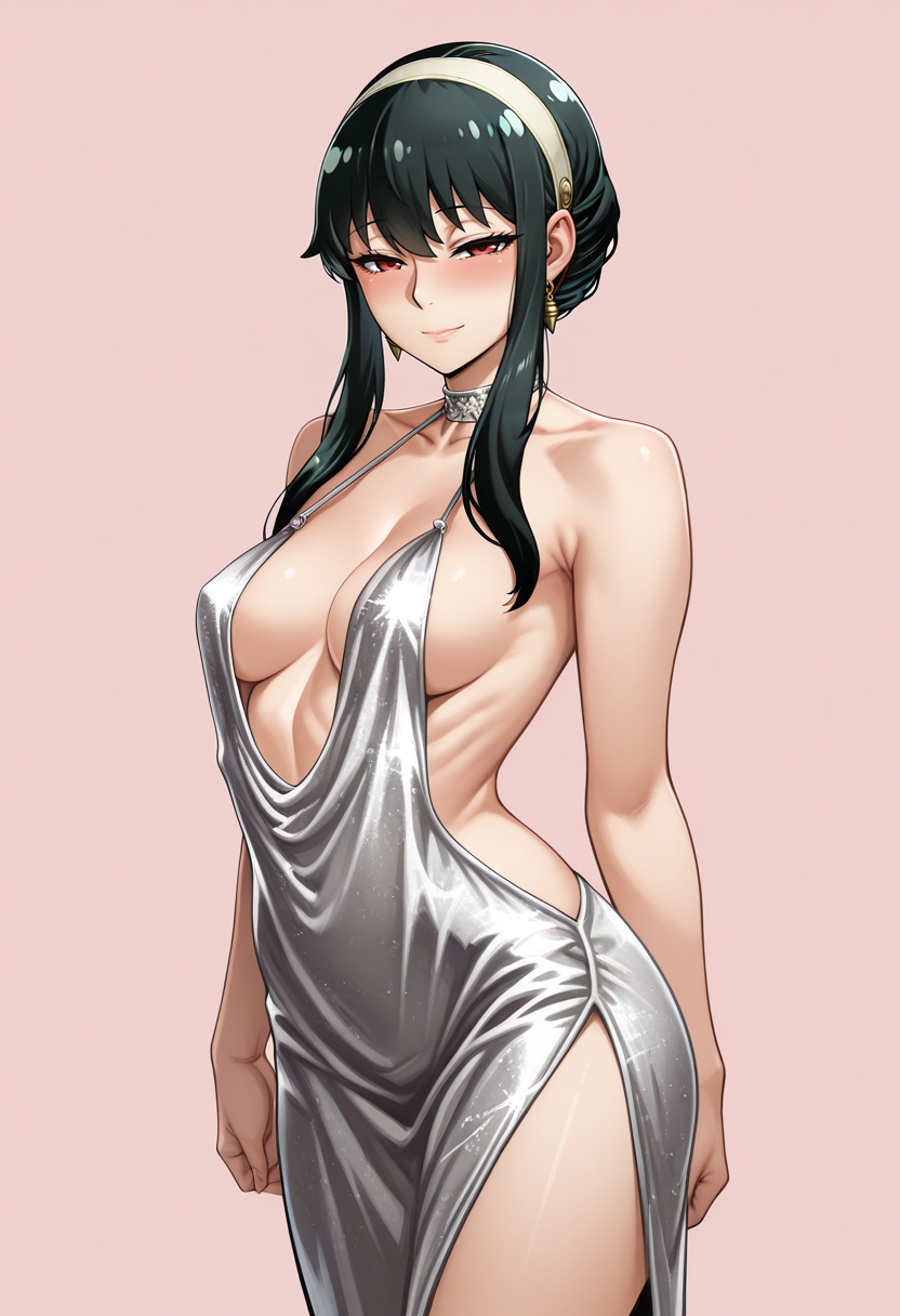 yor briar,  mature female, medium breasts, masterpiece,best quality,absurdres, amazing quality,
1girl, solo,
standing,
looking at viewer, half-closed eyes, light smile,
simple background, pink background,
<lora:Neromashin_Style_SKNSFW:0.8> Neromashin_Style_SKNSFW, 
 <lora:St._Louis_Luxurious_Wheels:0.8> L0x0r100s_Wh33l5, silver dress, halterneck, backless dress, halter dress, revealing clothes,