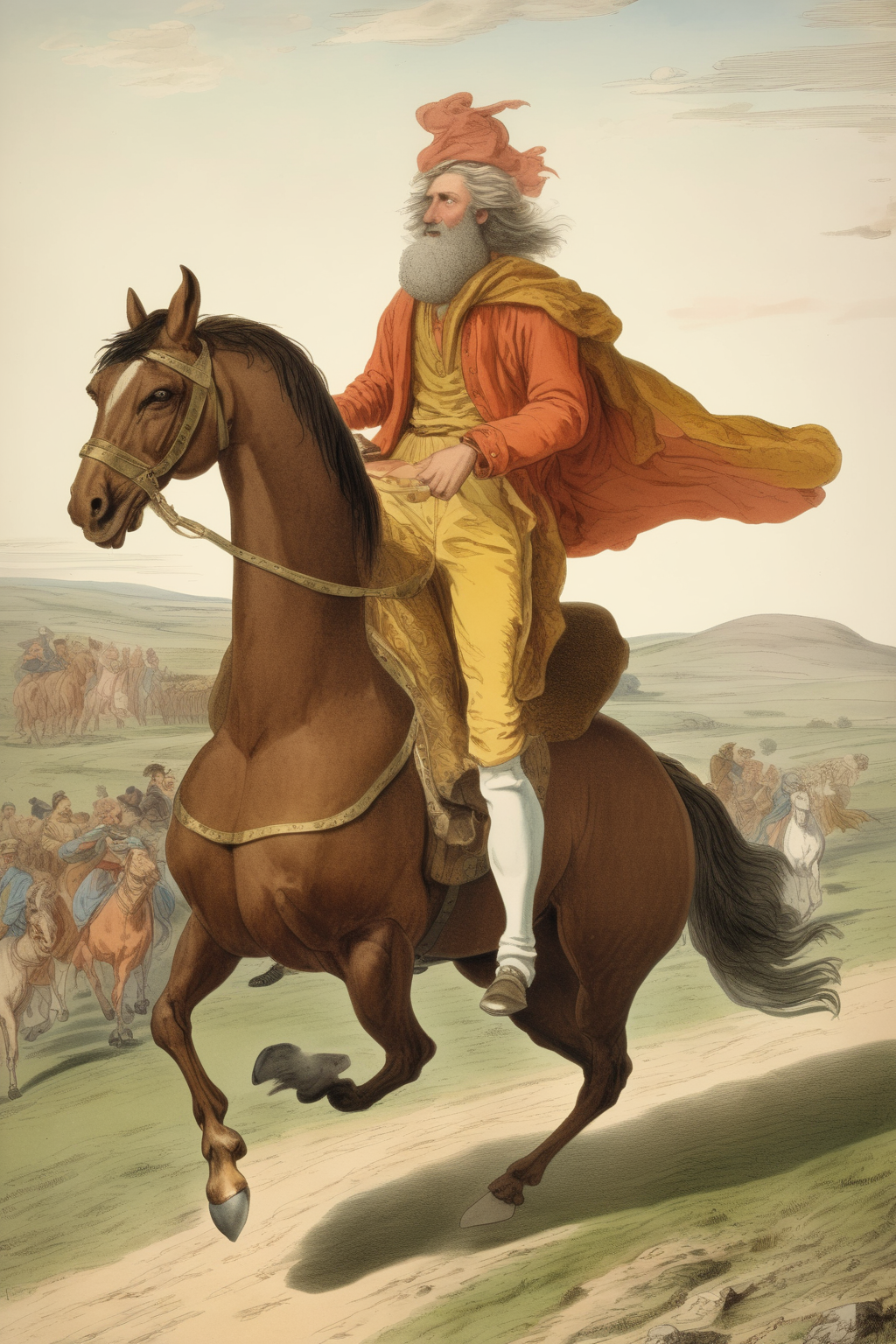<lora:Richard Dadd Style:1>by Richard Dadd Style - The character Jepht, taken from the book Judges, chapter 11 of the bible, dressed as a rich man, without beard, riding a horse, on the way home very glasd for having won an important battle.