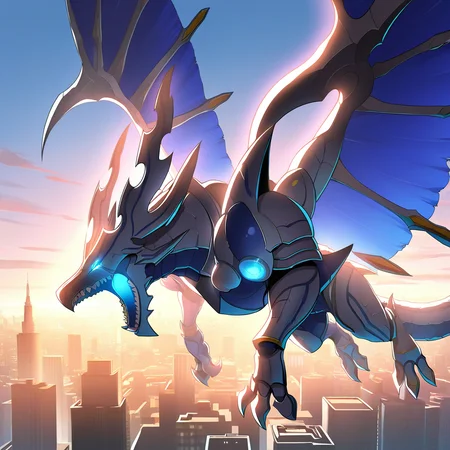 highres, best quality, masterpiece, very aesthetic, newest, year_2024, year_2023, year_2022,<lora:DorugoramonIllustrious:1>, dorugoramon,solo, upper body,flying,wings,cityscape,buildings,glowing eyes,teeth