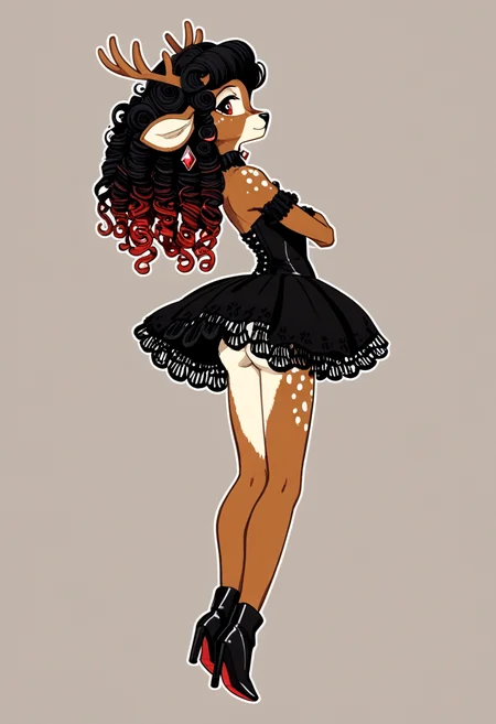 score_9, score_8_up, score_7_up, source_furry
-Character: (Anthro furry deer cute petite young), deer fur, (deer ass), deer tail, (small breasts), (sagging breasts:0.6), slender, (pale skin:0.8), black hair, long hair
-Character focus: (dynamic angle:1.2), sharp focus
-Style: cowboy shot, lying, undressing, Dark Romantic Goth Opulent Dark Romantic
-Jewelry: Gold or black chokers with large, dark gemstones, ornate rings, and dramatic drop earrings with intricate designs
-Upper body: Deep red velvet blouse with a high lace collar and puffed sleeves, layered under a black corset with elaborate detailing
-Lower body: Black skirt with layered tulle and lace, featuring a subtle dark red undertone
-Feet: Black lace-up boots with velvet accents or deep red high-heeled shoes
-Hairstyle: Long, loose curls with dark red highlights or soft curls
-Headwear: A small black hat with dark red feathers or a lace headband with a bow
-Additional accessories: A dark red silk shawl and a vintage-style black clutch, long sleeves, slim and slender body, sexy, dynamic pose, pin-up pose, very long hair
colored_outline, colored_stroke, rainbow_stroke, outline_thickness:0.5
ral-neotlns
vibrant color palette, high contrast, glowing outlines
<lora:uenomigi_XL:1>, <lora:Line-illustration:1>, lineart, <lora:Furryfication Slider_alpha1.0_rank4_noxattn_last:1>, <lora:ncpy13 style_a:1>, ncpy13 style, pastels drawing
